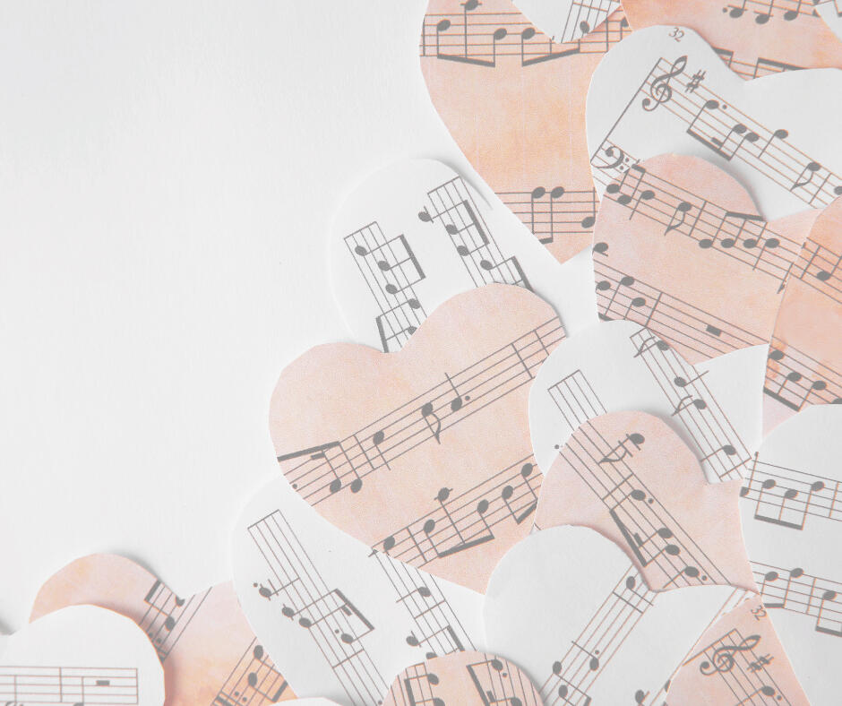 stack of paper hearts made out of sheet music