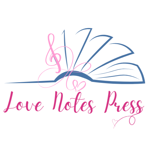 Love Notes Press Logo Green outline of open book with pages flipping from left to right, a turquoise treble clef and the words Love Notes Press in pink